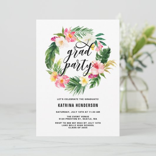 Tropische Floral Wreath Afstuderen Luau Party Kaart (Staand voorkant)