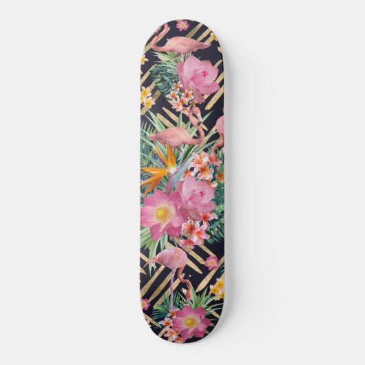 Tropische florale, flamingos- en goudberoertes skateboard (Voorkant)