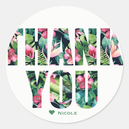 Tropische Florale Hibiscus Verlaat Hawaïaans DANK Ronde Sticker (Voorkant)