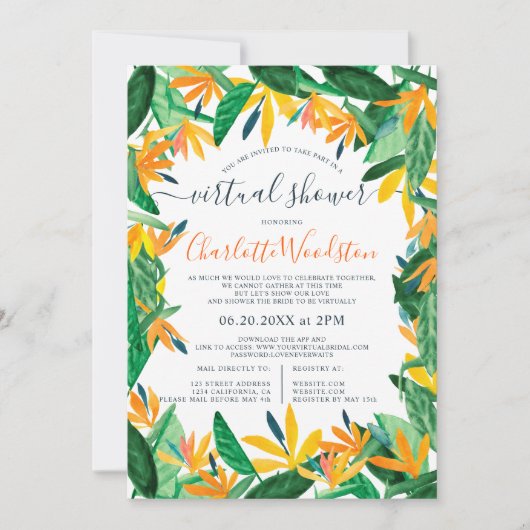 Tropische florale waterverf script virtuele douche kaart (Voorkant)