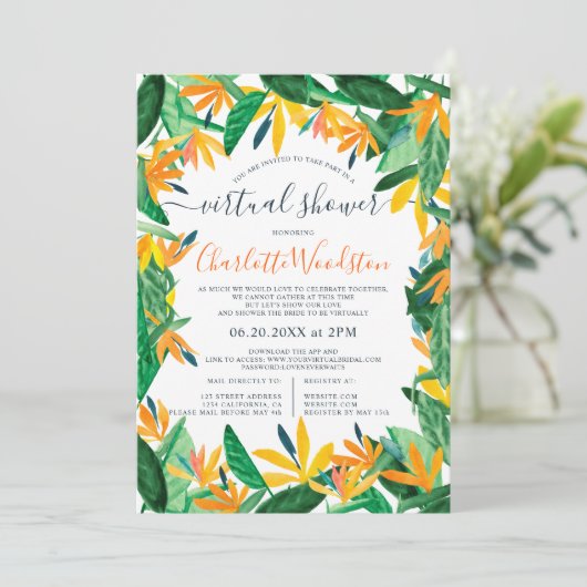 Tropische florale waterverf script virtuele douche kaart (Staand voorkant)