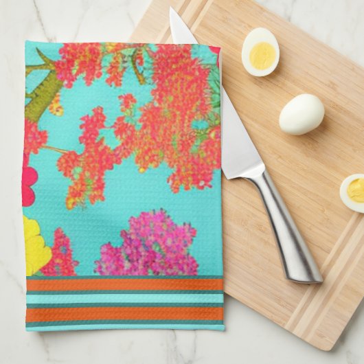 Tropische Florals Blauwgroen, Oranje, geel met sie Theedoek (Quarter Fold)