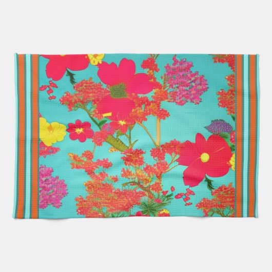 Tropische Florals Blauwgroen, Oranje, geel met sie Theedoek (Horizontaal)