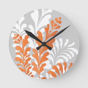Tropische Florals Oranje, wit en grijs  Ronde Klok