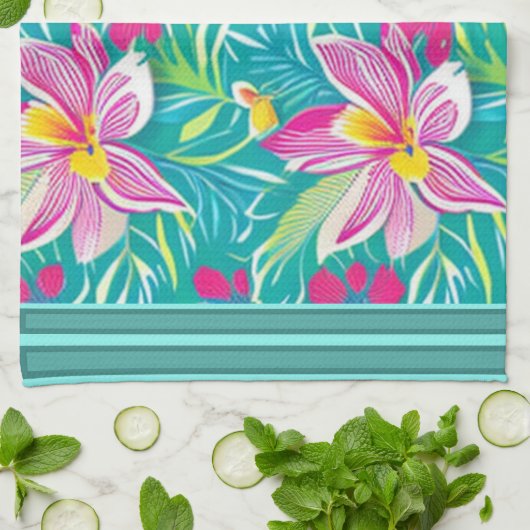 Tropische Florals Roze Shades op Blauwgroen Multic Theedoek (Gevouwen)