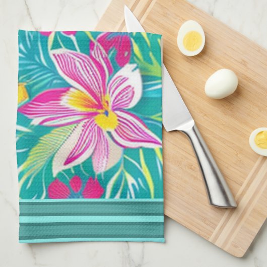 Tropische Florals Roze Shades op Blauwgroen Multic Theedoek (Quarter Fold)