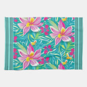 Tropische Florals Roze Shades op Blauwgroen Multic Theedoek (Horizontaal)