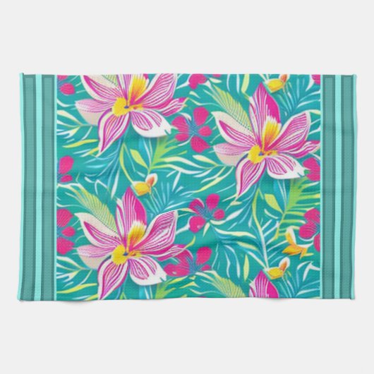 Tropische Florals Roze Shades op Blauwgroen Multic Theedoek (Horizontaal)