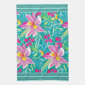 Tropische Florals Roze Shades op Blauwgroen Multic Theedoek (Verticaal)