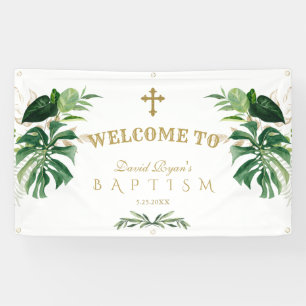 Tropische Foliage Gold Cross Baptisme Welkom Sign Spandoek