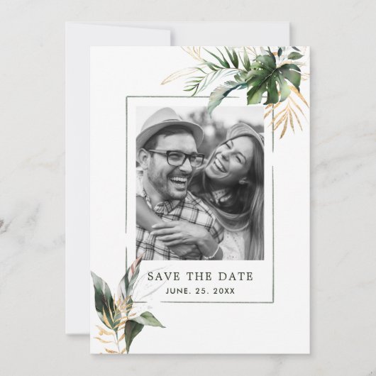 Tropische Foliage Green & Gold Photo Wedding Save The Date (Voorkant)