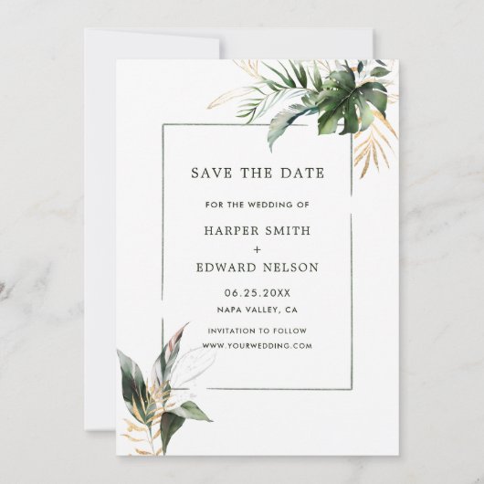 Tropische Foliage Green & Gold Photo Wedding Save The Date (Achterkant)