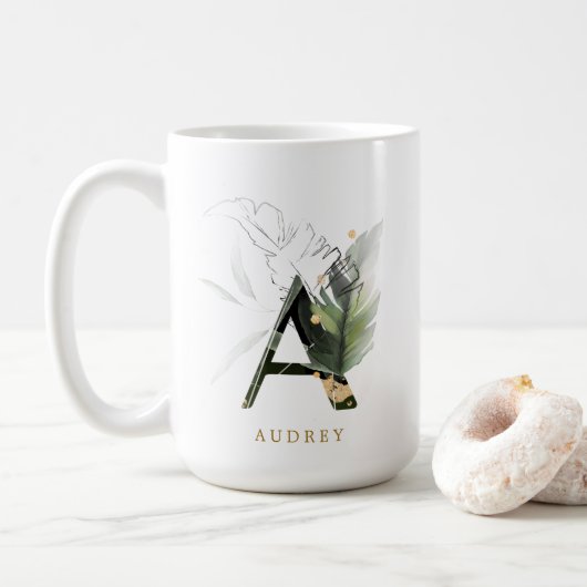 Tropische foliage Monogram Letter "A" op maat Koffiemok (Met donut)