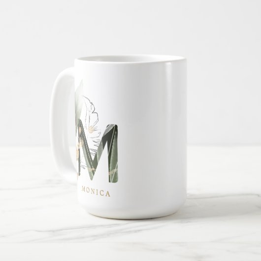 Tropische foliage Monogram Letter "M" Personeelskl Koffiemok (Voorkant links)