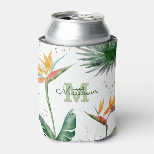 Tropische foliage Palm Monogram Script Gold White Blikjeskoeler (Blikje Voorkant)