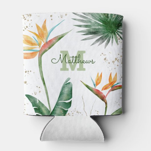 Tropische foliage Palm Monogram Script Gold White Blikjeskoeler (Achterkant)