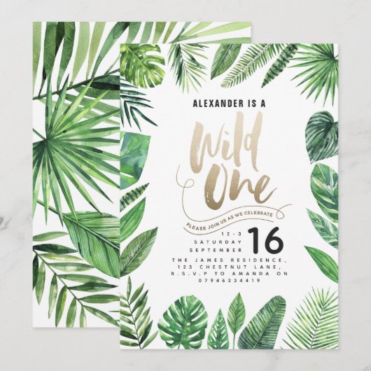 Tropische foliën + goudschrift op één verjaardag (Voorkant / Achterkant)