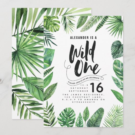 Tropische foliën + scripttekst Wilde één verjaarda (Voorkant / Achterkant)