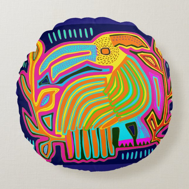 Tropische Folk Art Parrot Rond Kussen (Voorkant)