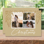 Tropische foto kerstmis met collage feestdagenkaart<br><div class="desc">Drie foto's voorzien van faux glitter palmschijfjes op een gouden achtergrond (zie meer kleuren in onze winkel),  deze kerstfotokaarten hebben je namen op de bodem in het teken. Selecteer Steen voor zwaarste document en High Definition voor de beste fotoresolutie. ***ÉN FOTO-ontwerp wordt voor u in onze winkel gemaakt.</div>