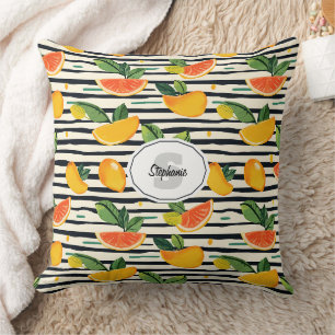 Tropische Fruit Stripe Geel Oranje Roze en Groen Kussen