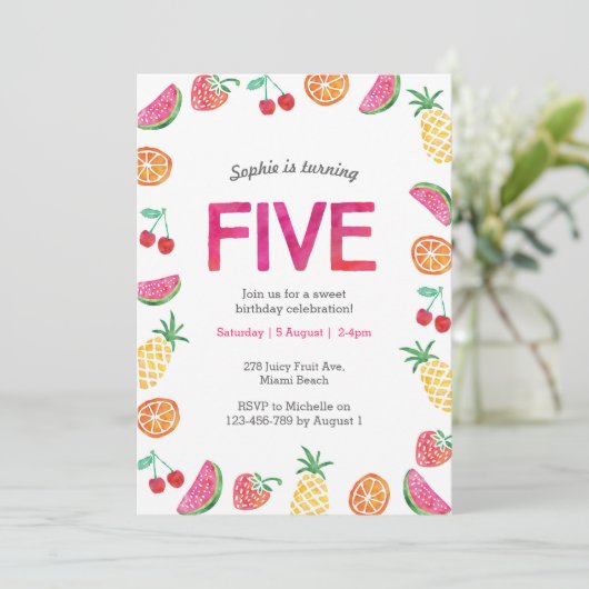 Tropische fruitige Roze Verjaardagsuitnodiging Kaart (Staand voorkant)