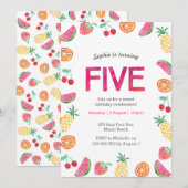 Tropische fruitige Roze Verjaardagsuitnodiging Kaart (Voorkant / Achterkant)