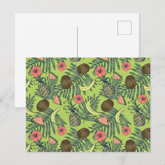 Tropische fruitschets op groen patroon briefkaart (Voorkant / Achterkant)