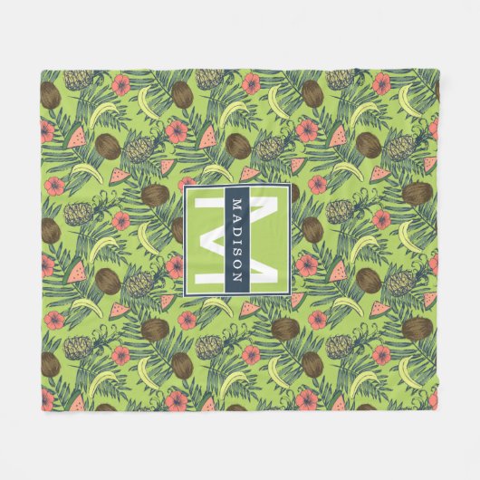Tropische fruitschets op groen patroon fleece deken (Voorkant (Horizontaal))