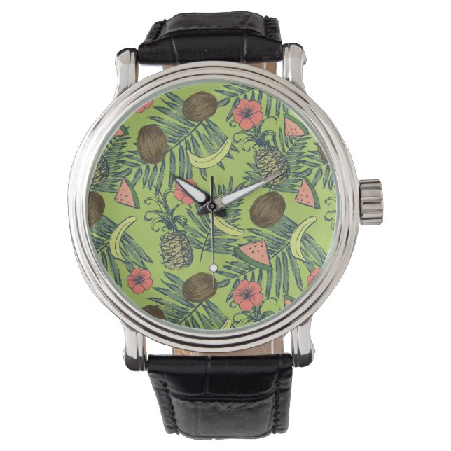 Tropische fruitschets op groen patroon horloge (Voorkant)
