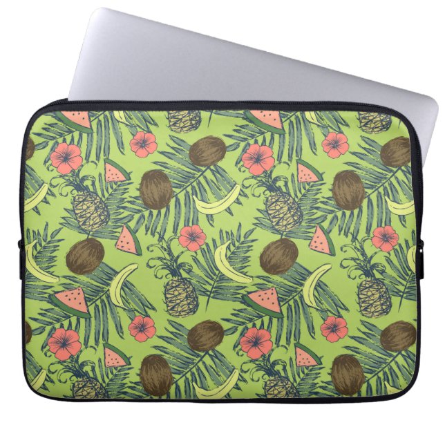 Tropische fruitschets op groen patroon laptop sleeve (Voorkant)