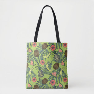Tropische fruitschets op groen patroon tote bag