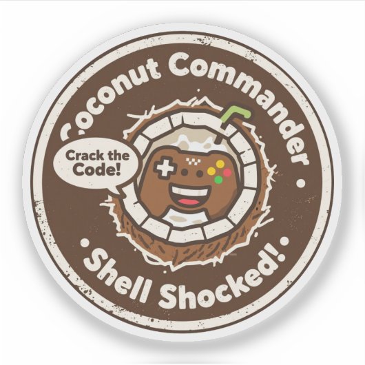 Tropische Gaming Humor "Crack de Code!" Kokosnoot Sticker (Voorkant)