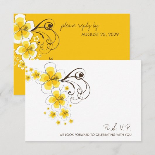 Tropische Gele Hibiscus Strand Bestemming Bruiloft RSVP Kaartje (Voorkant / Achterkant)