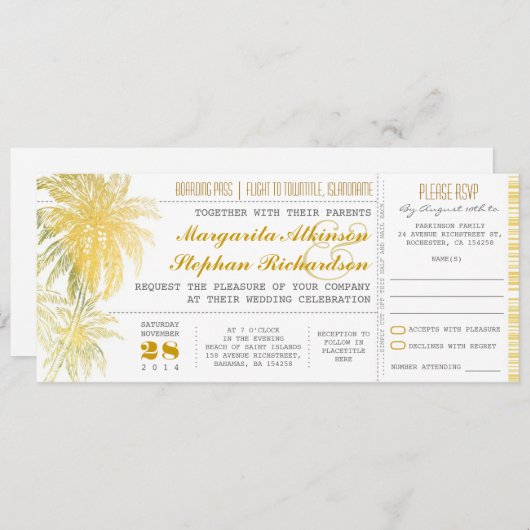 Tropische gele strand bruiloft ticket-boarding pas kaart (Voorkant / Achterkant)