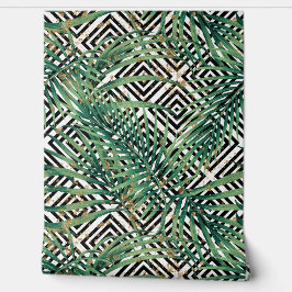 Tropische geometrie - groene bladeren goud en vorm behang
