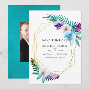 Tropische geometrische orchideeën trouwfoto save the date
