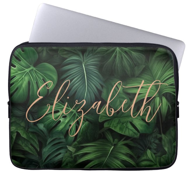 Tropische gepersonaliseerde Monstera gouden script Laptop Sleeve (Voorkant)