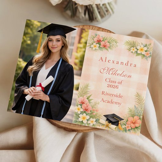 Tropische Gingham Bloemen Afstuderen Aankondiging