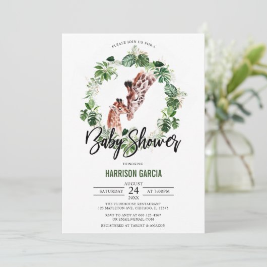 Tropische Giraffe en Baby Baby shower Kaart (Staand voorkant)