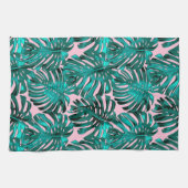 Tropische Girly Roze Turquoise Palm Bladeren Theedoek (Horizontaal)