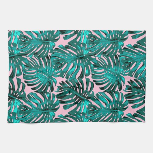 Tropische Girly Roze Turquoise Palm Bladeren Theedoek (Horizontaal)