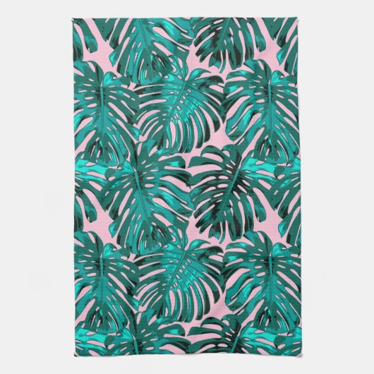 Tropische Girly Roze Turquoise Palm Bladeren Theedoek (Verticaal)