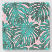 Tropische Girly Turquoise Roze Palm Bladeren Stenen Onderzetter (Voorkant)