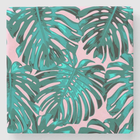 Tropische Girly Turquoise Roze Palm Bladeren Stenen Onderzetter (Voorkant)