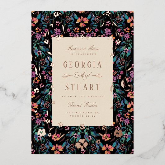 Tropische Glam Donker Turquoise Magenta Zwart Huwe Folie Uitnodiging (Voorkant)