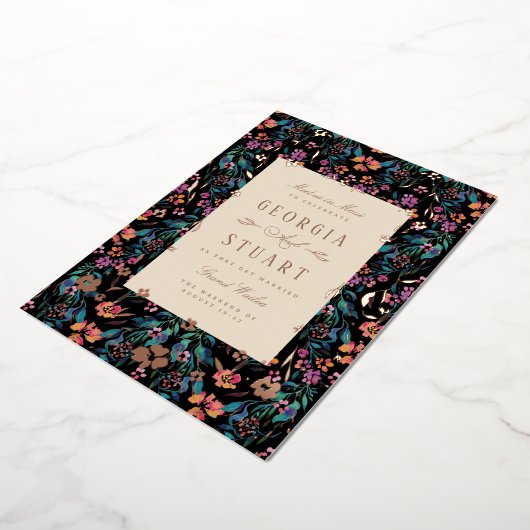 Tropische Glam Donker Turquoise Magenta Zwart Huwe Folie Uitnodiging (Gedraaid)