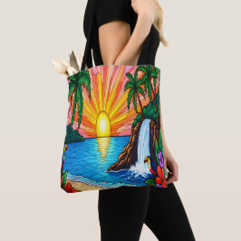 Tropische Glas-in-Lood Zonsondergang Boodschappent Tote Bag