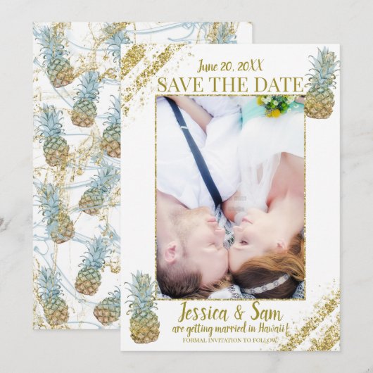 Tropische Glitter Ananassen Bewaar de Datum Foto Kaart (Voorkant / Achterkant)