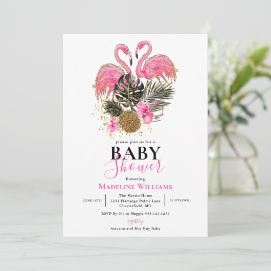 Tropische Glitter Roze Flamingo Baby Shower Kaart (Staand voorkant)